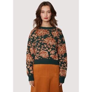 Lost + Wander Rosetta Green Floral Knit Crewneck Pullover Sweater Size S